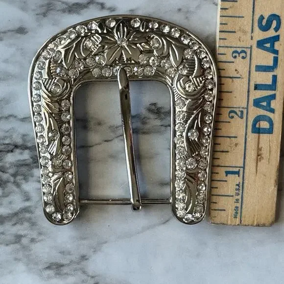 Nocona Silver Tone Buckle With Rhinestones Womens Western Bling Floral Etched - Picture 5 of 6